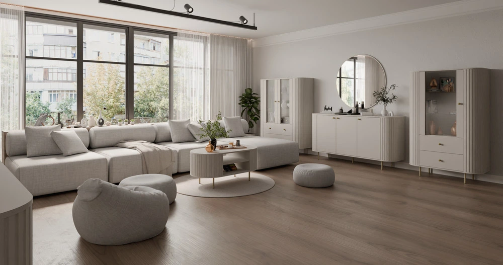 Stolik kawowy do salonu OVALIO 100 cm – beż piaskowy, nowoczesny Stoliki kawowe okrągłe Desire Furniture