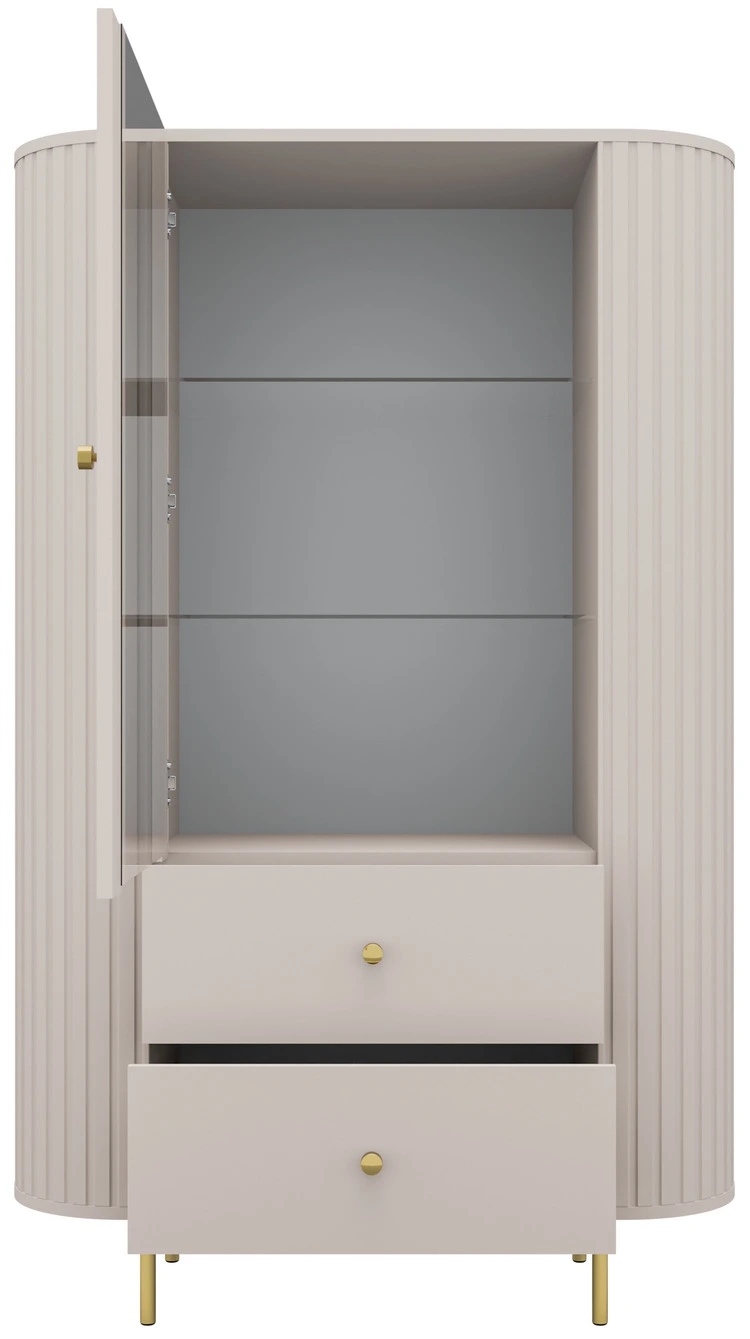 Nowoczesna witryna OVALIO 97 cm z szufladami i szafką – beż piaskowy Ovalio Desire Furniture