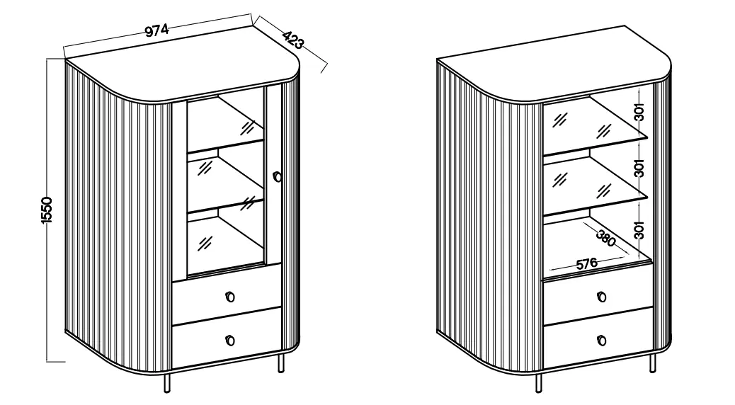 Nowoczesna witryna OVALIO 97 cm z szufladami i szafką – beż piaskowy Ovalio Desire Furniture