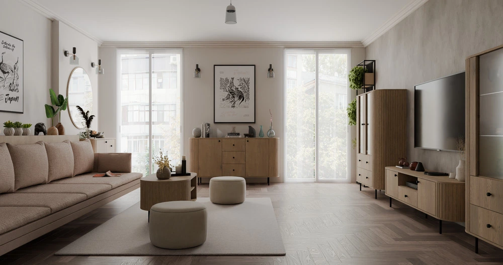 Nowoczesna witryna OVALIO 123 cm dąb cremona – przeszklona z szufladami Witryny Desire Furniture