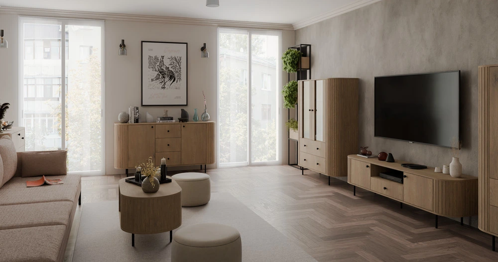 Nowoczesna witryna OVALIO 123 cm dąb cremona – przeszklona z szufladami Witryny Desire Furniture