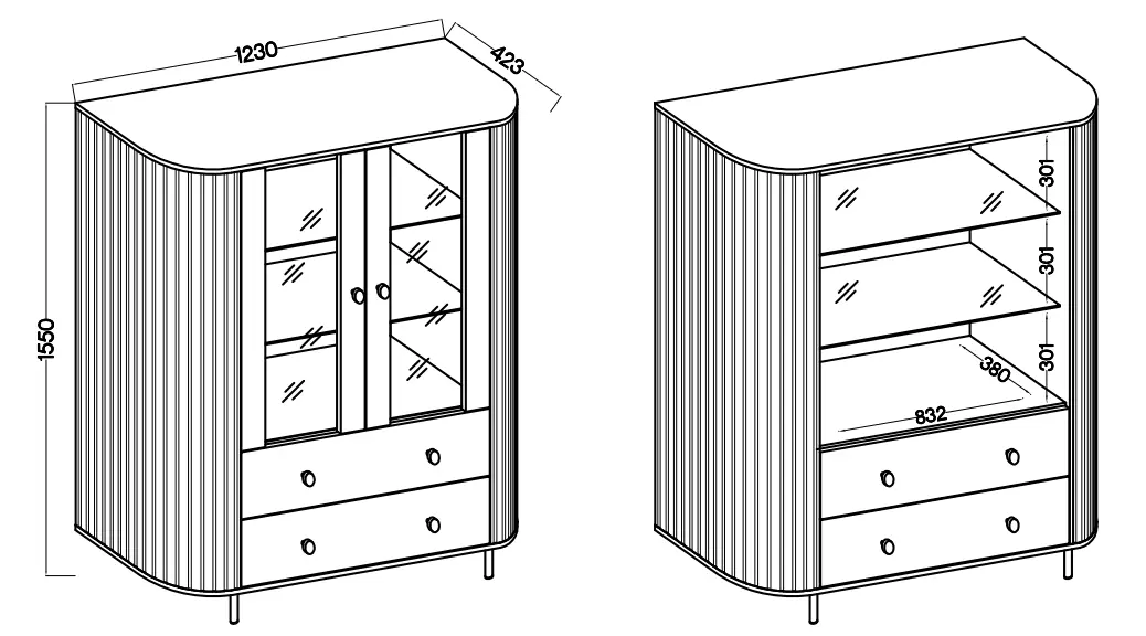 Nowoczesna witryna OVALIO 123 cm dąb cremona – przeszklona z szufladami Witryny Desire Furniture