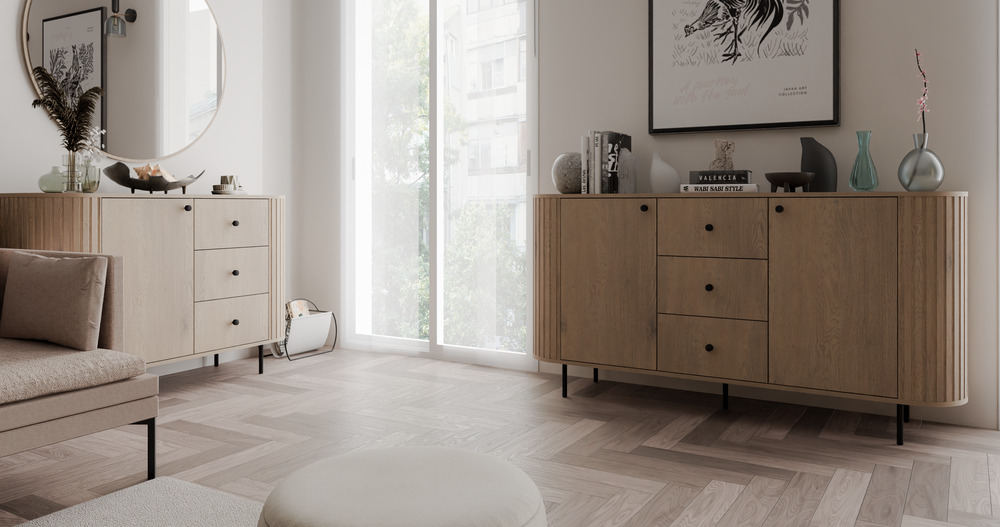 Komoda do salonu OVALIO 165 cm z szufladami i szafkami – dąb cremona Komody nowoczesne Desire Furniture