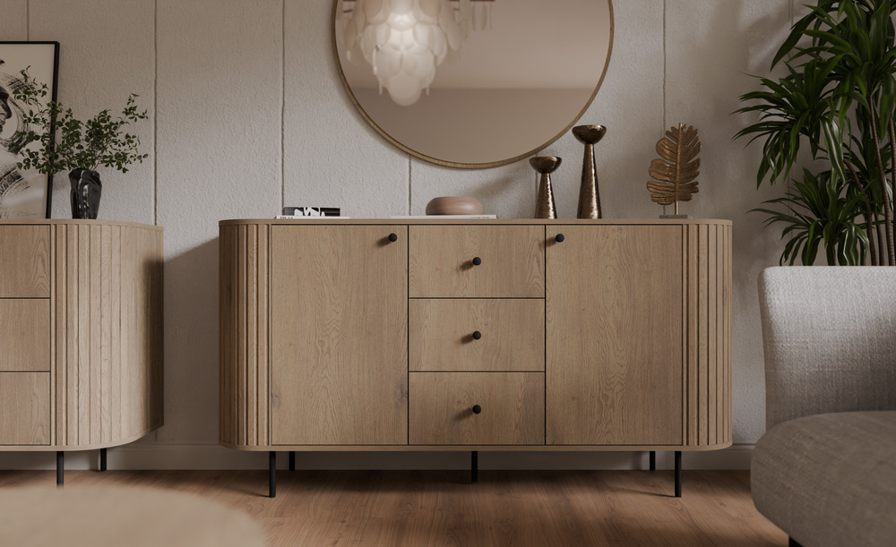 Komoda do salonu OVALIO 165 cm z szufladami i szafkami – dąb cremona Komody nowoczesne Desire Furniture