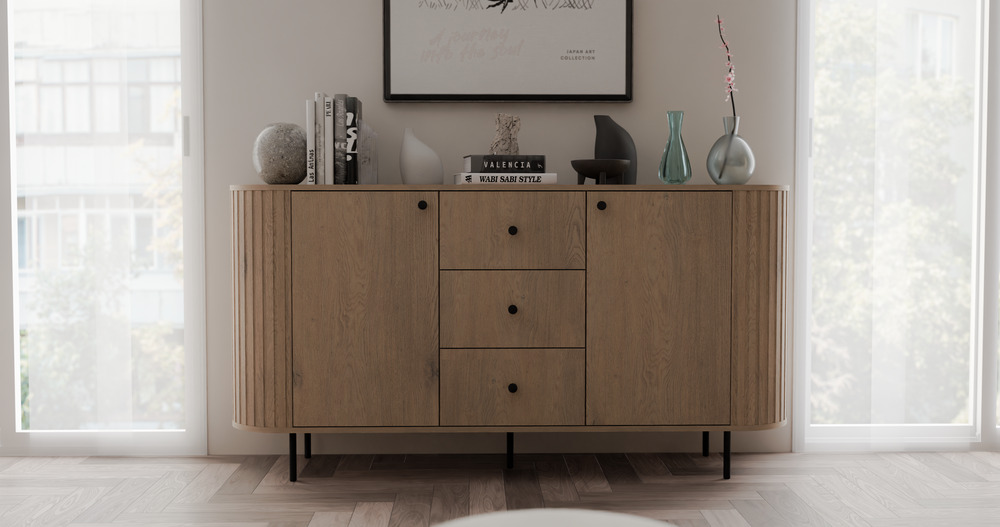 Komoda do salonu OVALIO 165 cm z szufladami i szafkami – dąb cremona Komody nowoczesne Desire Furniture
