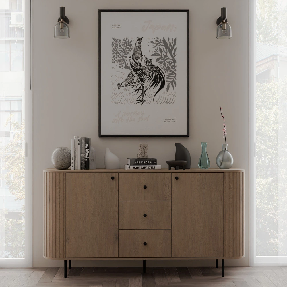 Komoda do salonu OVALIO 165 cm z szufladami i szafkami – dąb cremona Komody nowoczesne Desire Furniture