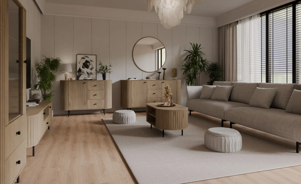 Komoda do salonu OVALIO 165 cm z szufladami i szafkami – dąb cremona Komody nowoczesne Desire Furniture