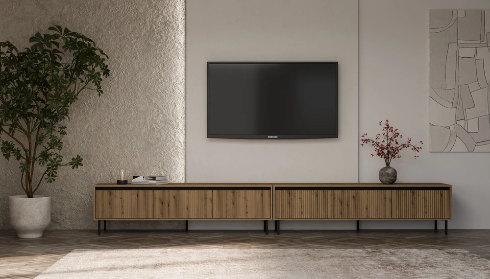 Nowoczesna szafka RTV OSAKA 179 cm, 3 szuflady, do salonu, dąb evoke Osaka Desire Furniture Nowoczesna szafka RTV OSAKA 179 cm, 3 szuflady, do salonu, dąb evoke Osaka Desire Furniture