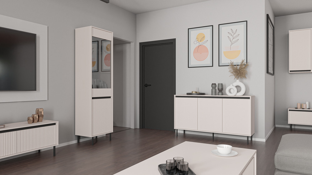 Wysoka przeszklona witryna OSAKA 56 cm, do przedpokoju, do salonu, beż piaskowy Osaka Desire Furniture