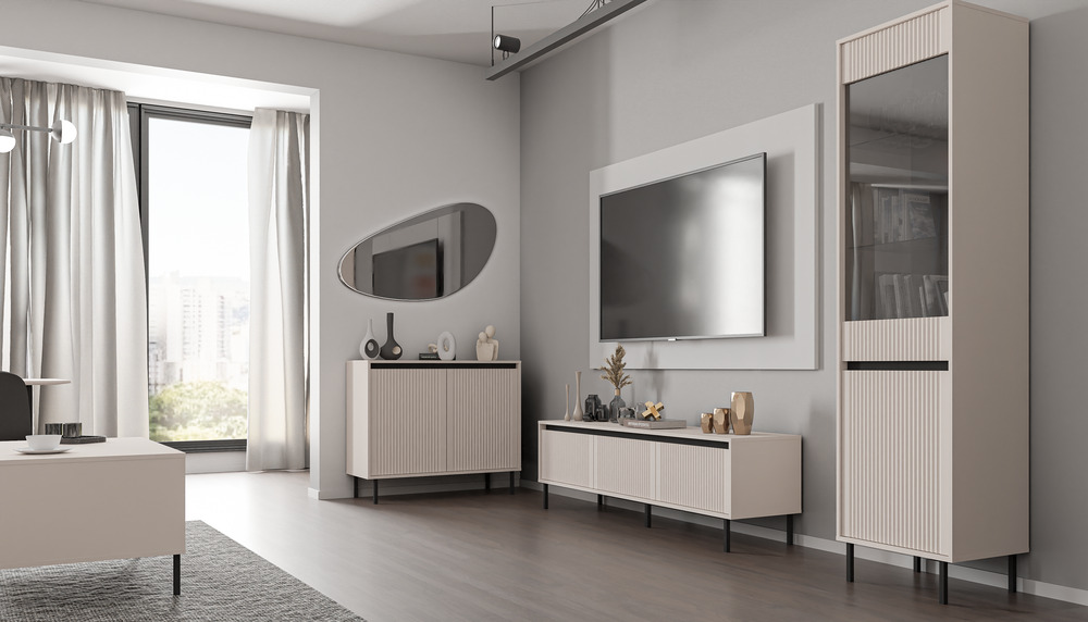 Witryna do salonu OSAKA 56 cm, wysoka i przeszklona, beż piaskowy Witryny Desire Furniture