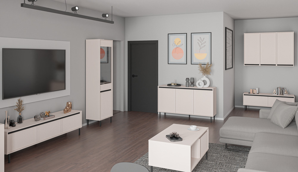 Wysoka przeszklona witryna OSAKA 56 cm, do przedpokoju, do salonu, beż piaskowy Osaka Desire Furniture