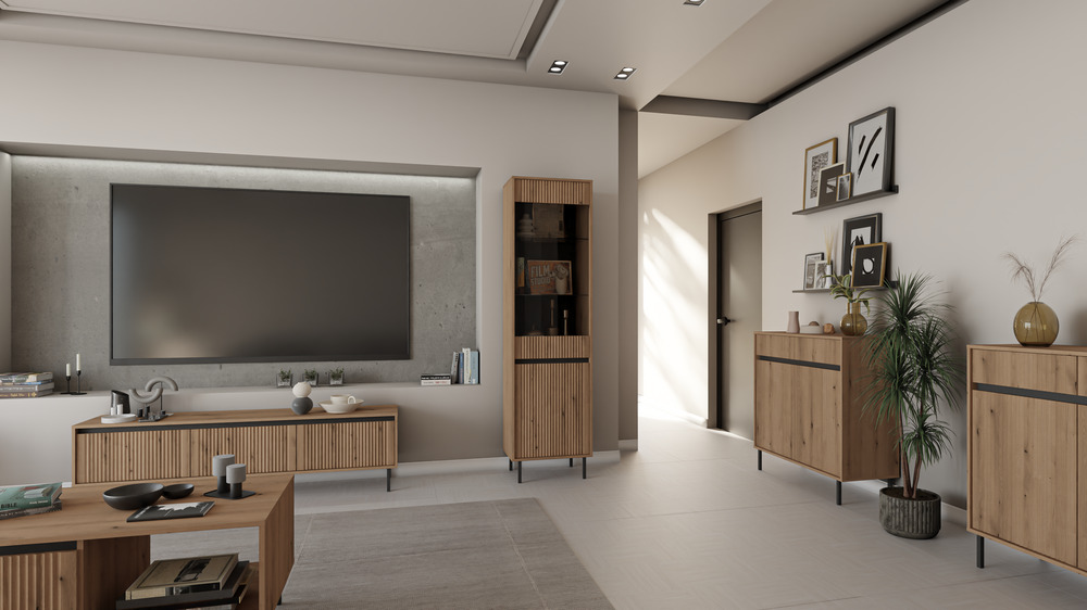 Witryna do salonu OSAKA 56 cm, wysoka i przeszklona, dąb evoke Witryny Desire Furniture Witryna do salonu OSAKA 56 cm, wysoka i przeszklona, dąb evoke Witryny Desire Furniture