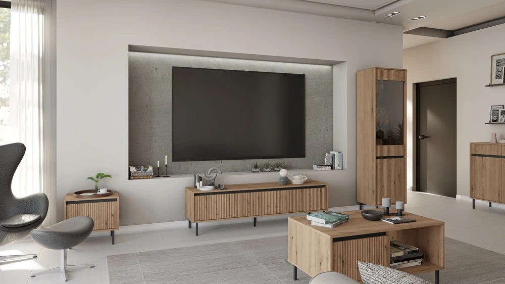 Witryna do salonu OSAKA 56 cm, wysoka i przeszklona, dąb evoke Witryny Desire Furniture Witryna do salonu OSAKA 56 cm, wysoka i przeszklona, dąb evoke Witryny Desire Furniture