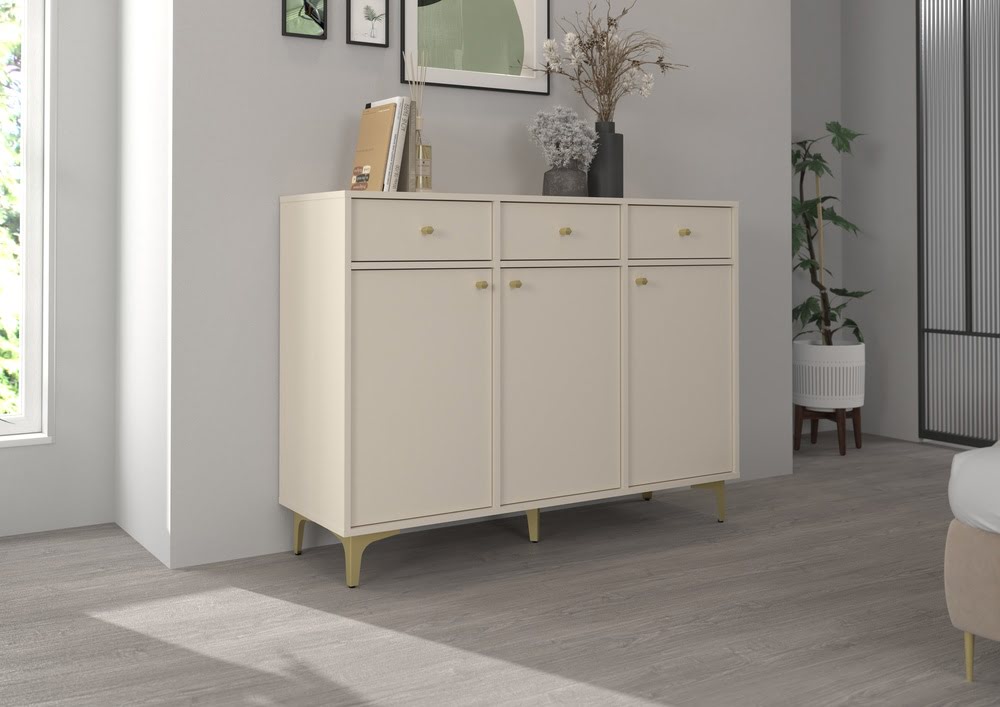 Duża komoda z szufladami TOKYO 124,5 cm, do salonu, beż piaskowy, nogi rozgwiazda Tokyo Desire Furniture