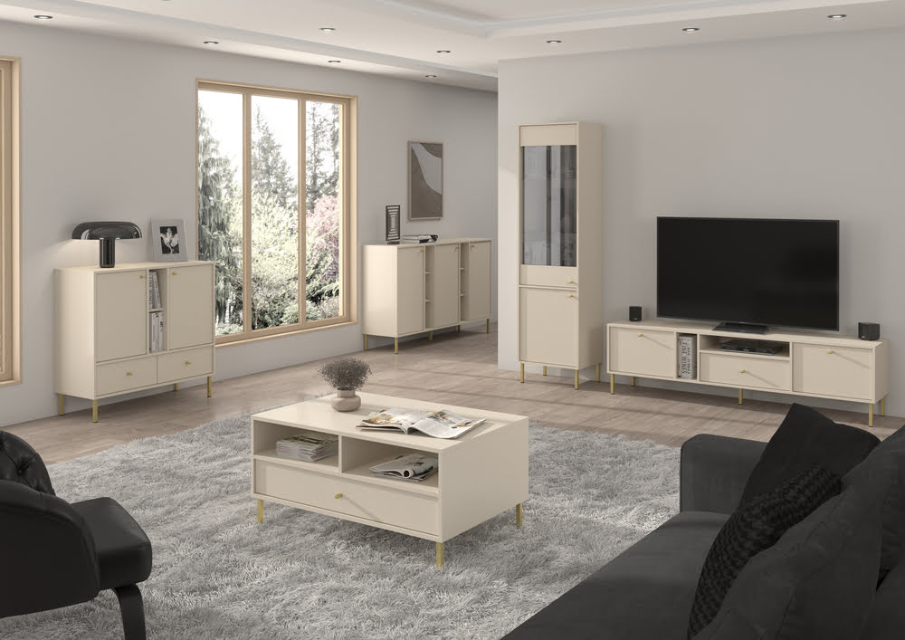 Wysoka witryna do salonu TOKYO 52 cm w stylu japońskim, beż piaskowy, nogi proste Witryny Desire Furniture