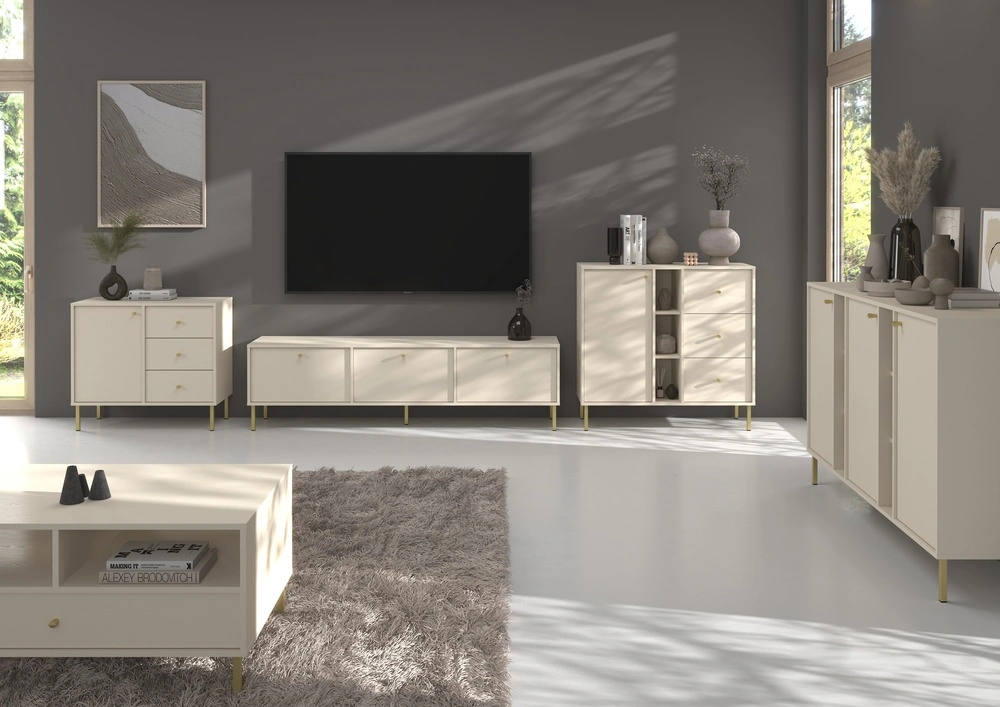 Nowoczesna komoda TOKYO 158 cm, do salonu, do przedpokoju beż piaskowy, nogi proste Tokyo Desire Furniture