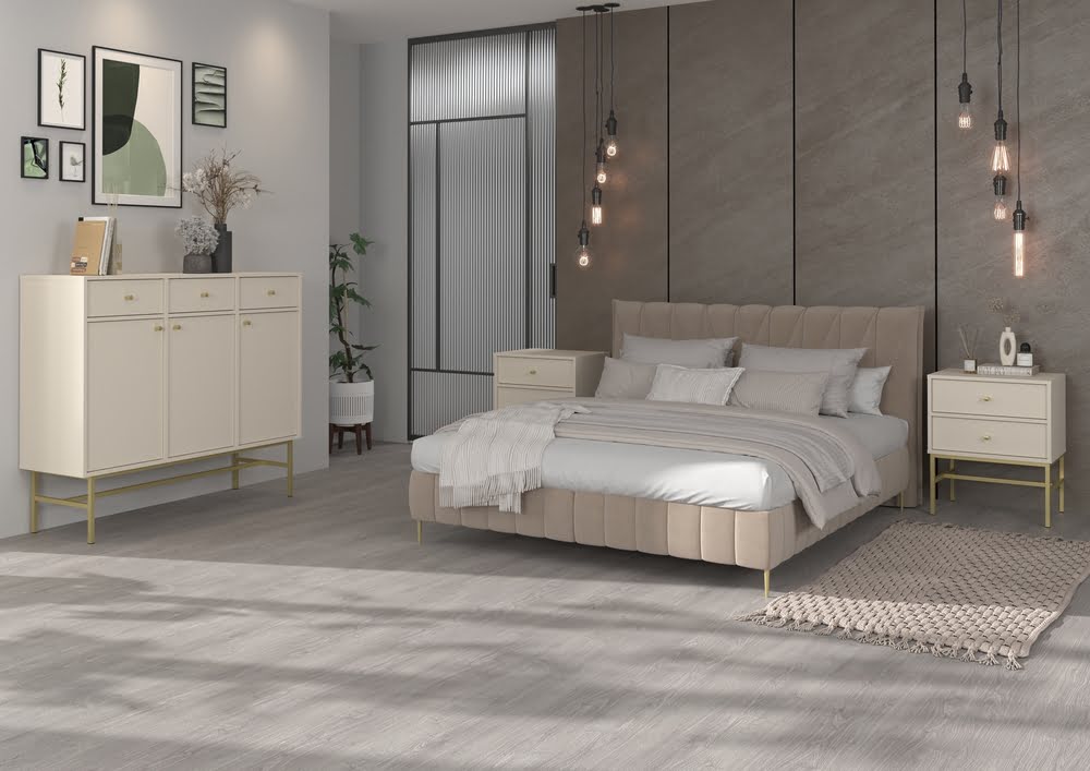 Stolik nocny do sypialni z szufladami TOKYO 52 cm, beż piaskowy, stelaż Tokyo Desire Furniture