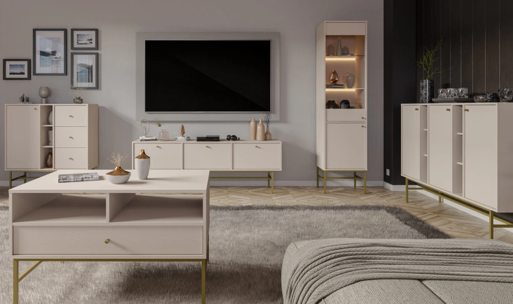 Wysoka witryna do salonu TOKYO 52 cm w stylu japońskim, beż piaskowy, stelaż Witryny Desire Furniture