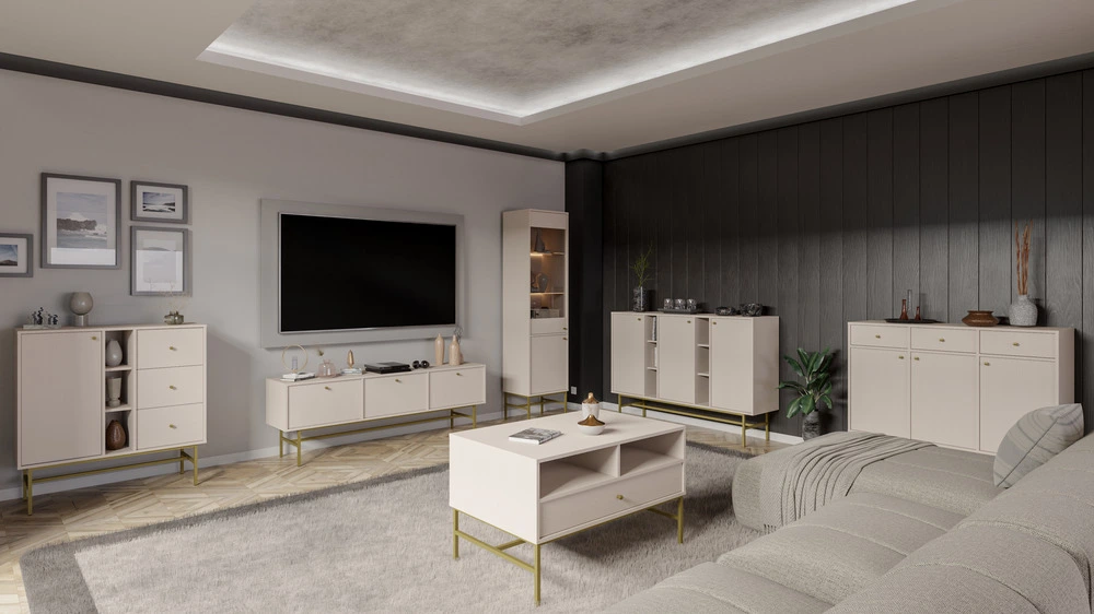 Wysoka witryna do salonu TOKYO 52 cm w stylu japońskim, beż piaskowy, stelaż Witryny Desire Furniture