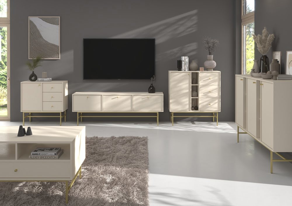 Nowoczesna komoda TOKYO 84 cm, do salonu, do przedpokoju beż piaskowy, stelaż Tokyo Desire Furniture