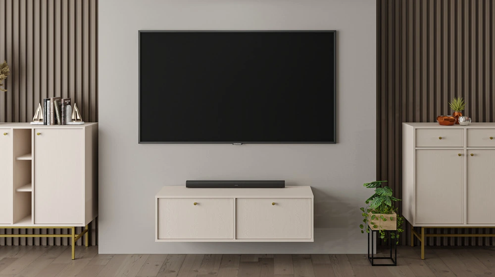 Mała szafka wisząca pod telewizor TOKYO 120 cm, beż piaskowy Szafki RTV Desire Furniture