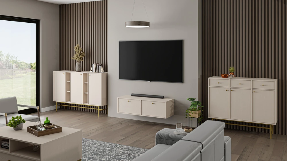 Mała szafka wisząca pod telewizor TOKYO 120 cm, beż piaskowy Szafki RTV Desire Furniture