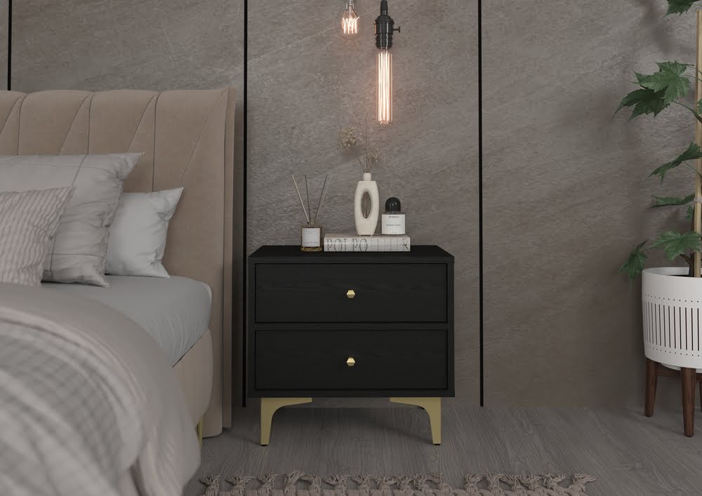 Stolik nocny do sypialni z szufladami TOKYO 52 cm, czarny grafit, nogi rozgwiazda Tokyo Desire Furniture