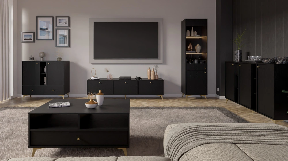 Dwudrzwiowa komoda z szufladami TOKYO 100 cm, do salonu, czarny grafit, nogi rozgwiazda Tokyo Desire Furniture Dwudrzwiowa komoda z szufladami TOKYO 100 cm, do salonu, czarny grafit, nogi rozgwiazda Tokyo Desire Furniture