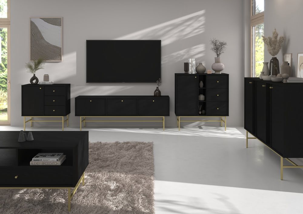 Pojemna szafka RTV TOKYO 180 cm, do salonu, czarny grafit, stelaż Tokyo Desire Furniture