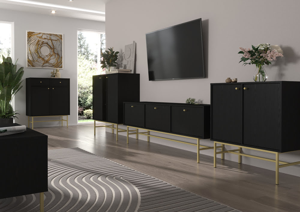 Pojemna szafka RTV TOKYO 180 cm, do salonu, czarny grafit, stelaż Tokyo Desire Furniture