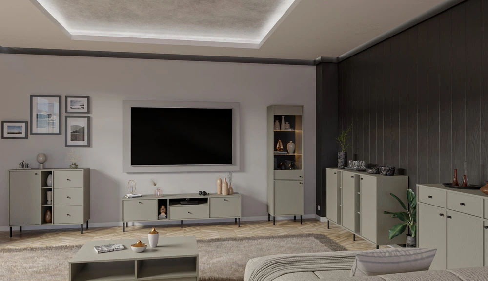 Wysoka witryna do salonu TOKYO 52 cm w stylu japońskim, eukaliptus, nogi proste Witryny Desire Furniture