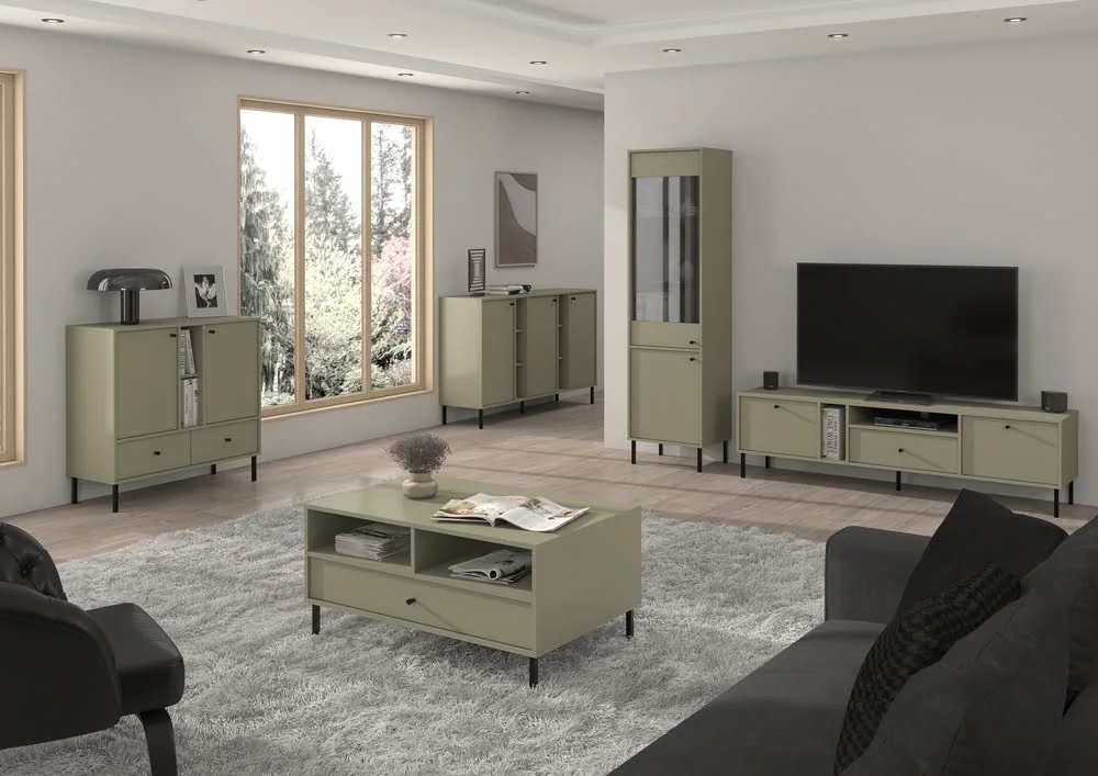 Wysoka witryna do salonu TOKYO 52 cm w stylu japońskim, eukaliptus, nogi proste Witryny Desire Furniture