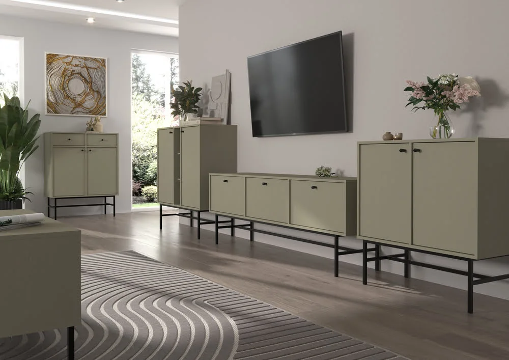 Mała komoda TOKYO 100 cm, do salonu, do przedpokoju, eukaliptus, stelaż Komody dwudrzwiowe Desire Furniture Mała komoda TOKYO 100 cm, do salonu, do przedpokoju, eukaliptus, stelaż Komody dwudrzwiowe Desire Furniture