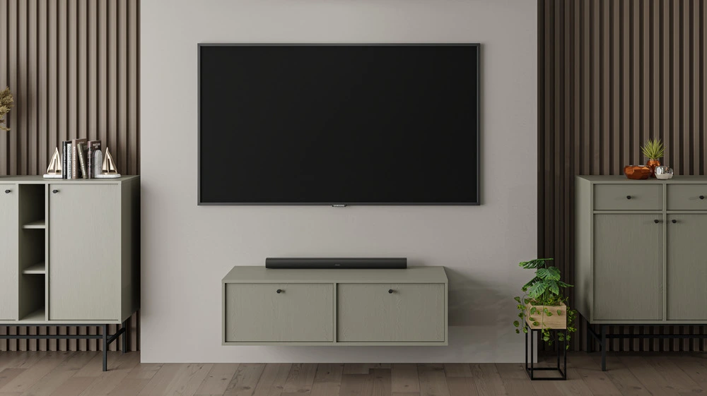 Mała szafka wisząca pod telewizor TOKYO 120 cm, eukaliptus Szafki RTV Desire Furniture