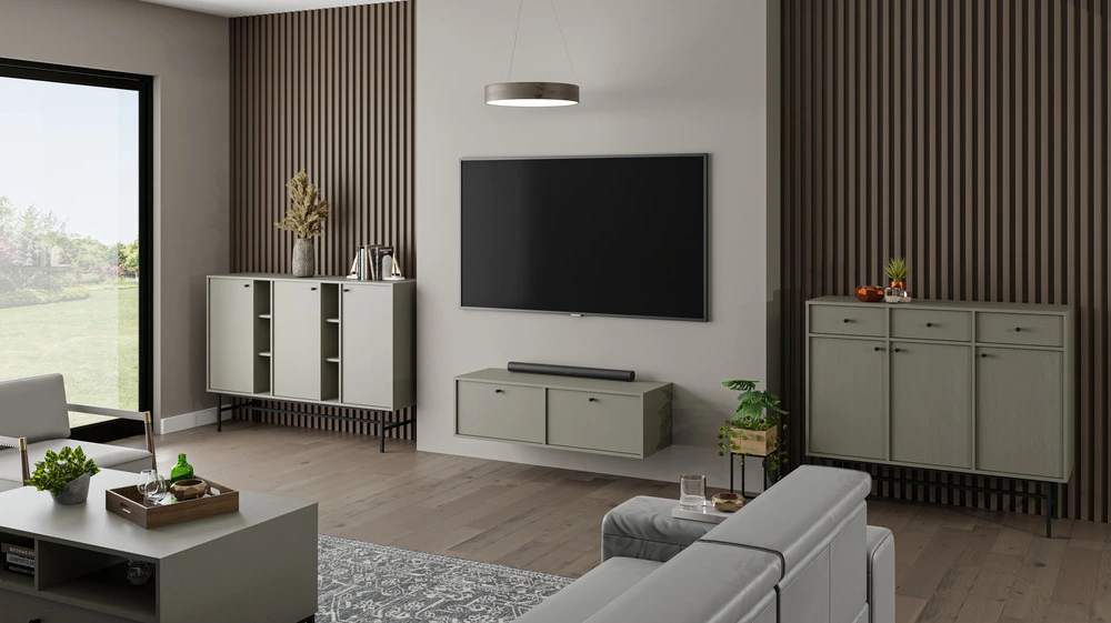 Mała szafka wisząca pod telewizor TOKYO 120 cm, eukaliptus Szafki RTV Desire Furniture