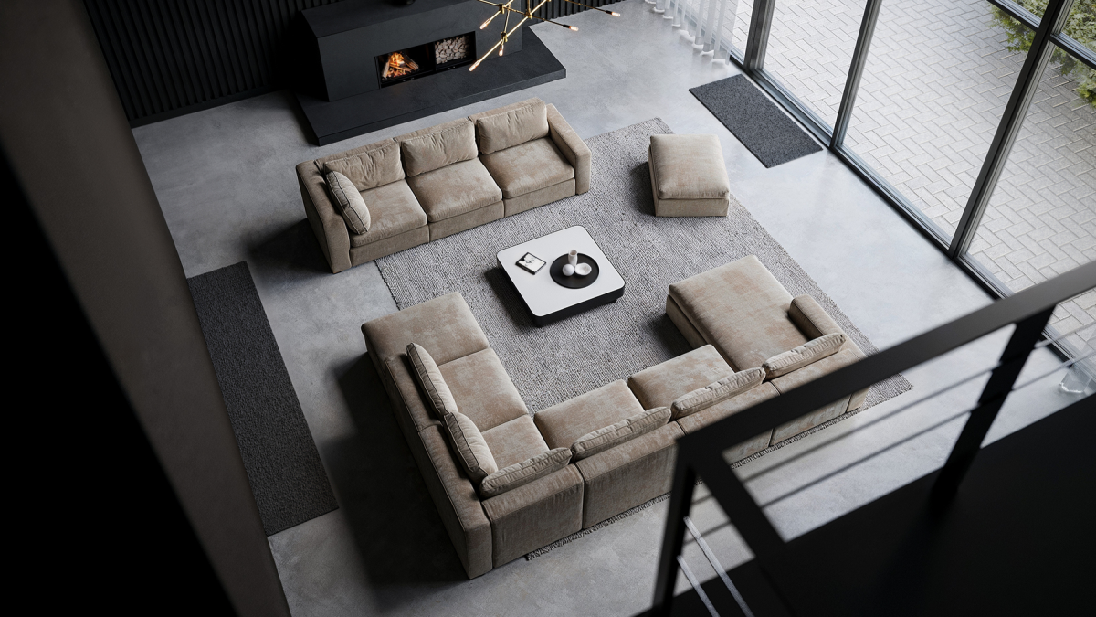 sofa nowoczesna z asymetrycznymi detalami