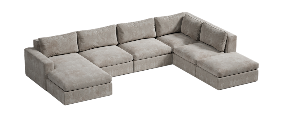 narożnik U z leżanką i dodatkową pufą do siedzenia