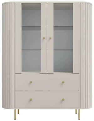 Nowoczesna witryna OVALIO przeszklona 123 cm – 2 drzwi i 2 szuflady, złote uchwyty