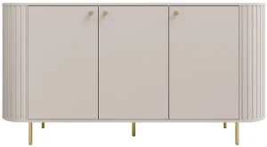 Pojemna komoda trzydrzwiowa OVALIO 165 cm – beż piaskowy, złote uchwyty