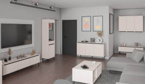 Witryna do salonu OSAKA 56 cm, wysoka i przeszklona, beż piaskowy | Witryny z podświetleniem LED Desire Furniture