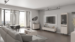 Witryna do salonu OSAKA 56 cm, wysoka i przeszklona, beż piaskowy | Witryny z podświetleniem LED Desire Furniture