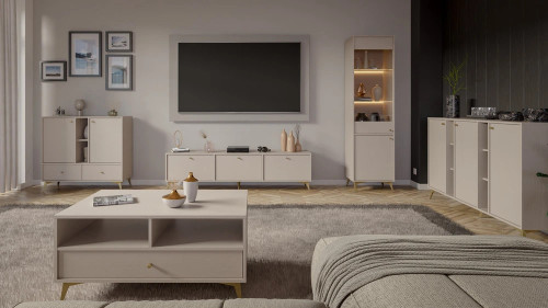 Wysoka witryna do salonu w stylu japońskim TOKYO 52 cm, beż piaskowy, nogi rozgwiazda | Witryny z podświetleniem LED Desire Furniture