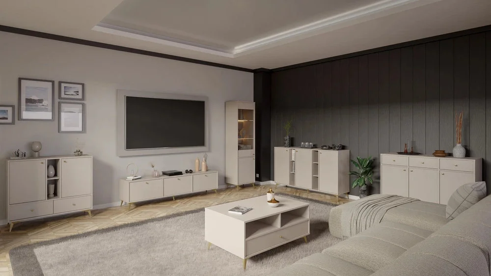 Wysoka witryna do salonu w stylu japońskim TOKYO 52 cm, beż piaskowy, nogi rozgwiazda | Witryny z podświetleniem LED Desire Furniture