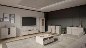 Wysoka witryna do salonu w stylu japońskim TOKYO 52 cm, beż piaskowy, nogi rozgwiazda | Witryny z podświetleniem LED Desire Furniture