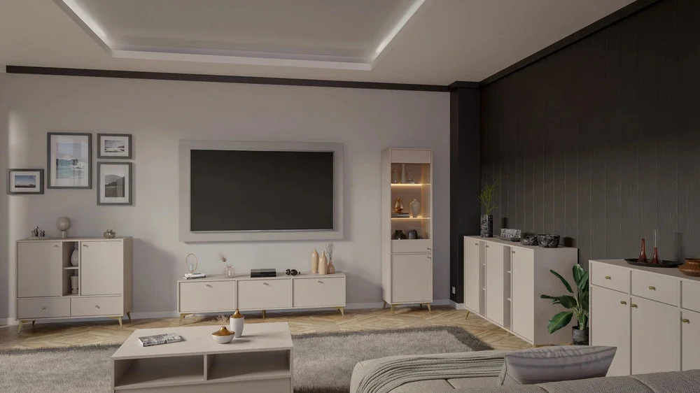 Wysoka witryna do salonu w stylu japońskim TOKYO 52 cm, beż piaskowy, nogi rozgwiazda | Witryny z podświetleniem LED Desire Furniture
