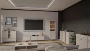 Wysoka witryna do salonu w stylu japońskim TOKYO 52 cm, beż piaskowy, nogi rozgwiazda | Witryny z podświetleniem LED Desire Furniture
