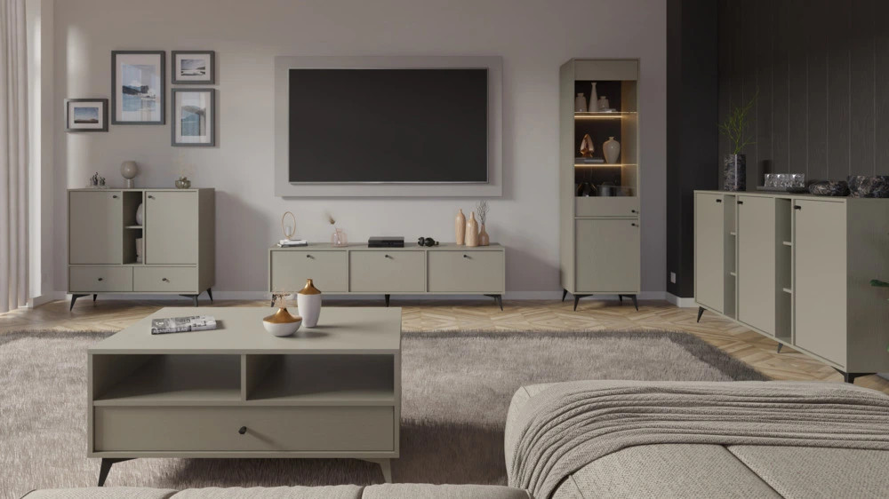 Wysoka witryna do salonu w stylu japońskim TOKYO 52 cm, eukaliptus, nogi rozgwiazda | Witryny z podświetleniem LED Desire Furniture