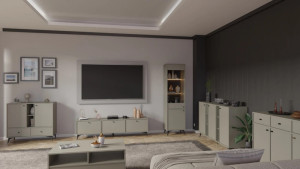 Wysoka witryna do salonu w stylu japońskim TOKYO 52 cm, eukaliptus, nogi rozgwiazda | Witryny z podświetleniem LED Desire Furniture