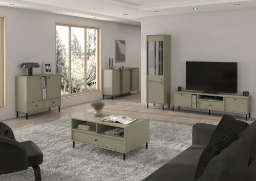 Wysoka witryna do salonu TOKYO 52 cm w stylu japońskim, eukaliptus, nogi proste | Witryny z podświetleniem LED Desire Furniture