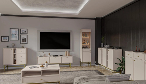 Wysoka witryna do salonu TOKYO 52 cm w stylu japońskim, beż piaskowy, stelaż | Witryny z podświetleniem LED Desire Furniture